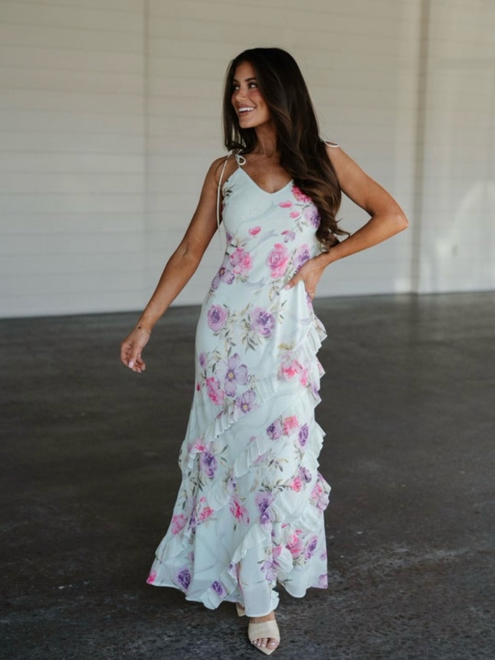 Floral Ruffle Maxi Dress in Mint with Pink & Lavender Blooms